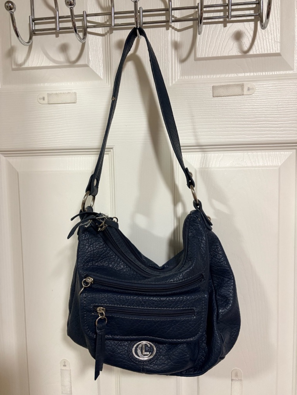 Clinique Navy Leather Shoulder Bag with Silver Hardware